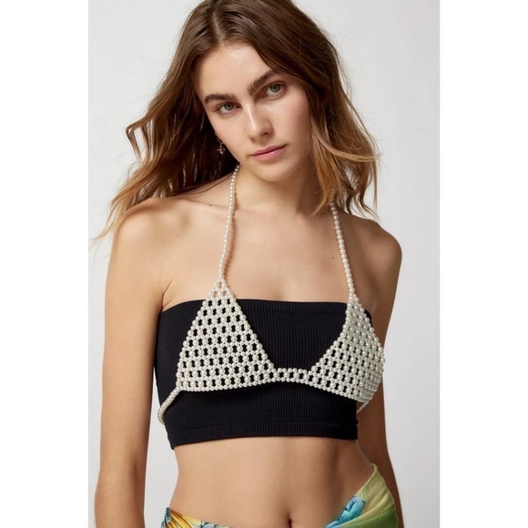 Urban Outfitters White Pearl Bra Top Plunging Bralette Layering Jewelry Large - Picture 2 of 9